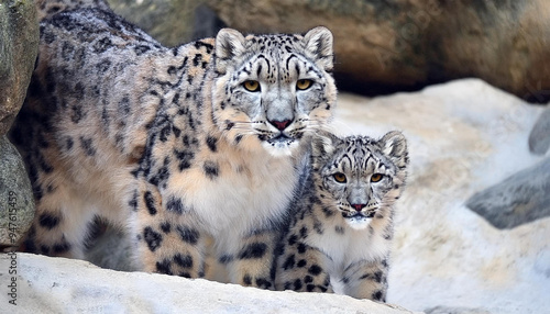 ユキヒョウの親子～愛らしいクローズアップ画像。