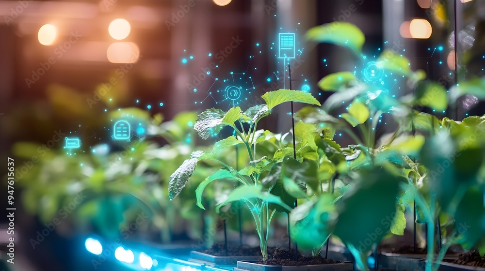 IoT Sensors Attached to Plants in a Vertical Farm Monitoring Growth Conditions with Copy Space for Text or Graphic Overlay IoT Sensors Attached to Plants in a Vertical Farm Monitoring Growth Conditions with Copy Space for Text or Graphic Overlay