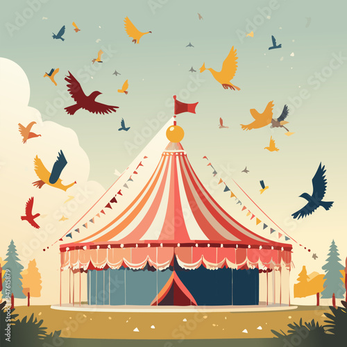 Circus tent with flying birds. Vector illustration in flat style.