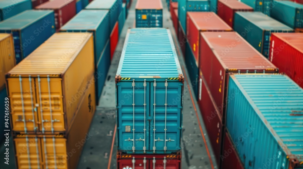 Fototapeta premium Aerial overhead view of a busy container terminal with stacked cargo boxes shipping containers cranes forklifts and various logistical equipment at a major port facility