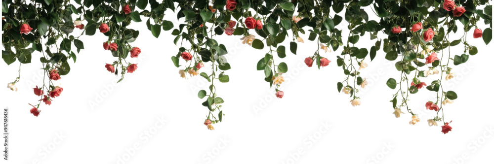 Obraz premium Fresh green leaves and pink blooms isolated on transparent background, ideal for vibrant garden themes and floral overlays