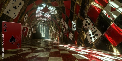 A hallway lined with playing cards. photo