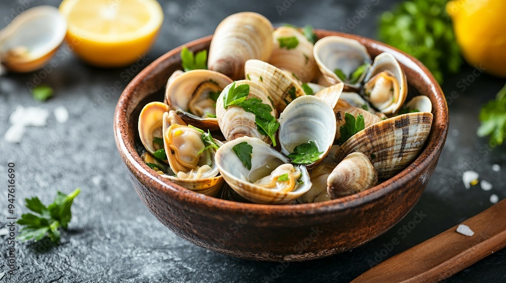 Delicious Steamed Clams in White Wine Garlic Sauce - Top View of Gourmet Seafood Dish in Ceramic Bowl Delicious Steamed Clams in White Wine Garlic Sauce - Top View of Gourmet Seafood Dish in Ceramic Bowl