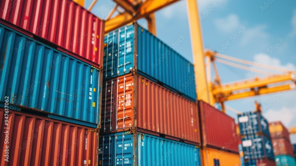 Fototapeta premium Towering stacks of colorful shipping containers dominate the skyline with industrial cranes efficiently loading and unloading cargo in a bustling shipping yard