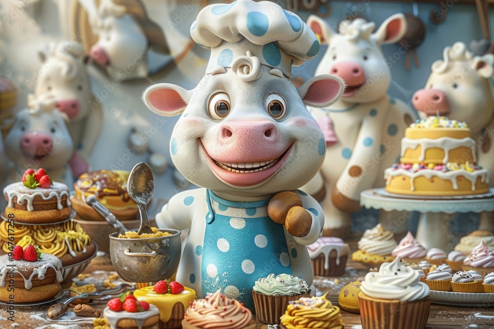 Quirky cow in an apron and chef's hat, holding a mixing bowl and spoon, surrounded by colorful pastries and cakes, in cartoon style. Quirky cow in an apron and chef's hat, holding a mixing bowl and spoon, surrounded by colorful pastries and cakes, in cartoon style.