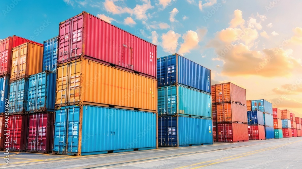 Aerial view of logistics management at a busy port with stacked shipping containers during a colorful sunset The image showcases the intricacies of container storage loading Aerial view of logistics management at a busy port with stacked shipping containers during a colorful sunset The image showcases the intricacies of container storage loading