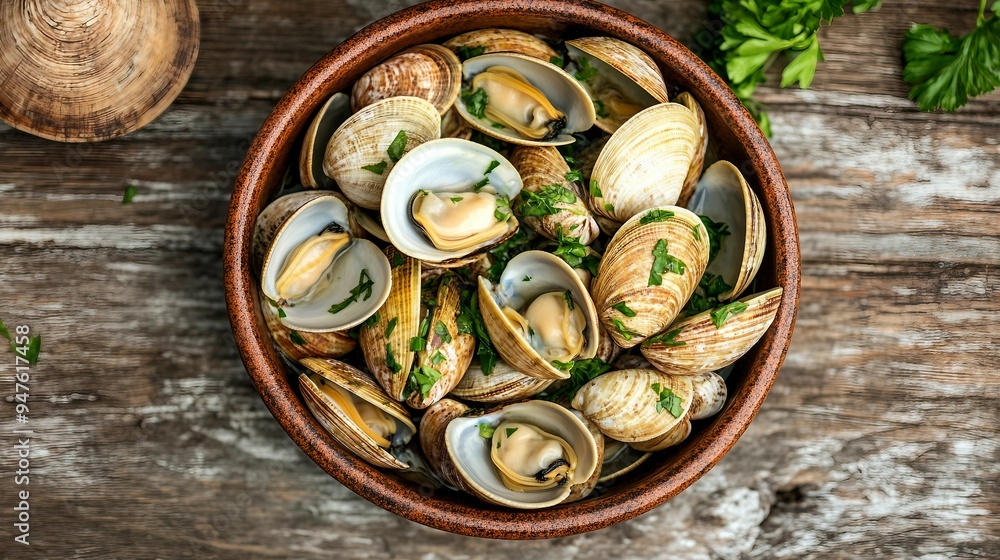 Fresh Steamed Clams Infused with White Wine, Garlic, and Parsley in a Elegant Ceramic Bowl, Top View Fresh Steamed Clams Infused with White Wine, Garlic, and Parsley in a Elegant Ceramic Bowl, Top View