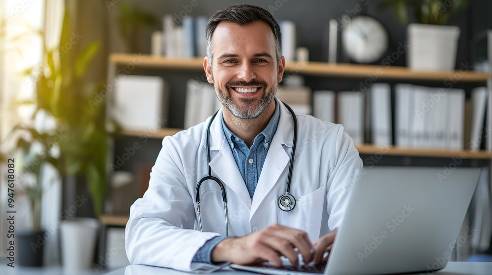 Smiling doctor with laptop at table in clinic. Online consultation. copy space for text. Smiling doctor with laptop at table in clinic. Online consultation. copy space for text.