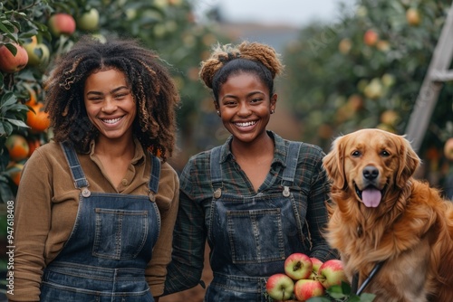 two black, african american wowen with dog on blurred autumn harvest background, fall and crop aesthetic. photo