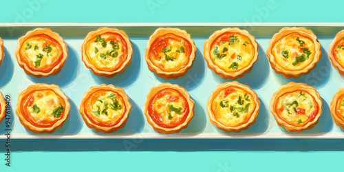 Mini quiches laid out neatly in a row on a long tray