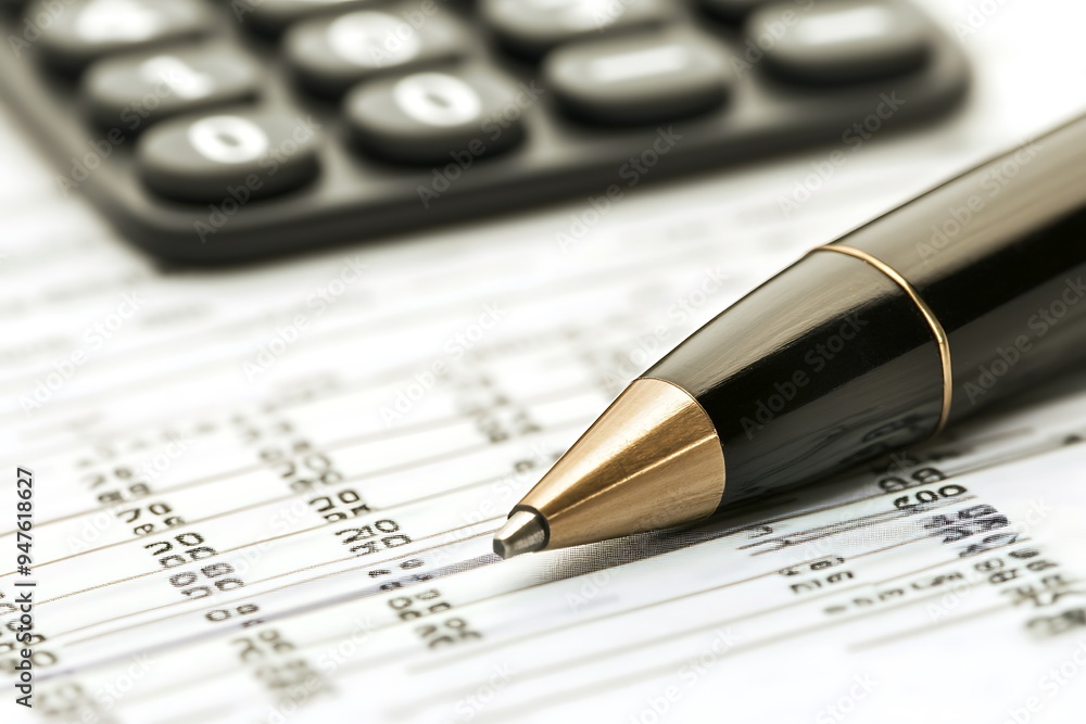 Calculator, Pen, and Spreadsheet: Business Finance Close Up Calculator, Pen, and Spreadsheet: Business Finance Close Up