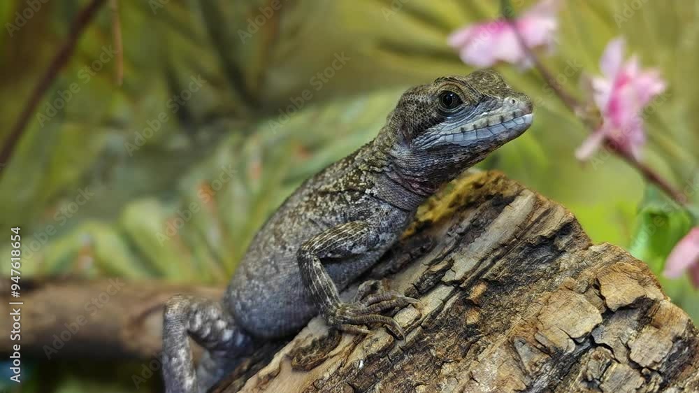 Basiliscus vittatus. Lizard resting on tree bark with blossoming flowers in natural habitat. Reptile in zoo terrarium Basiliscus vittatus. Lizard resting on tree bark with blossoming flowers in natural habitat. Reptile in zoo terrarium