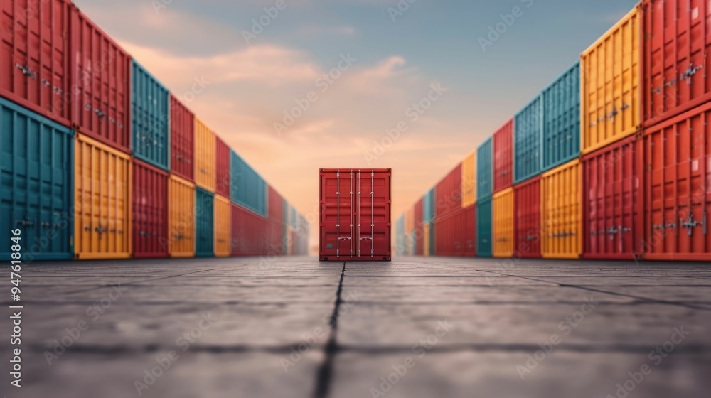 Fototapeta premium Freight containers stacked in an organized geometric layout at a logistics depot or distribution center