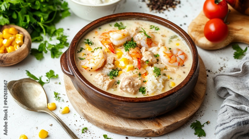 Delicious Stewed Chicken and Rice in Creamy Corn Soup with Shrimp on White Table Delicious Stewed Chicken and Rice in Creamy Corn Soup with Shrimp on White Table
