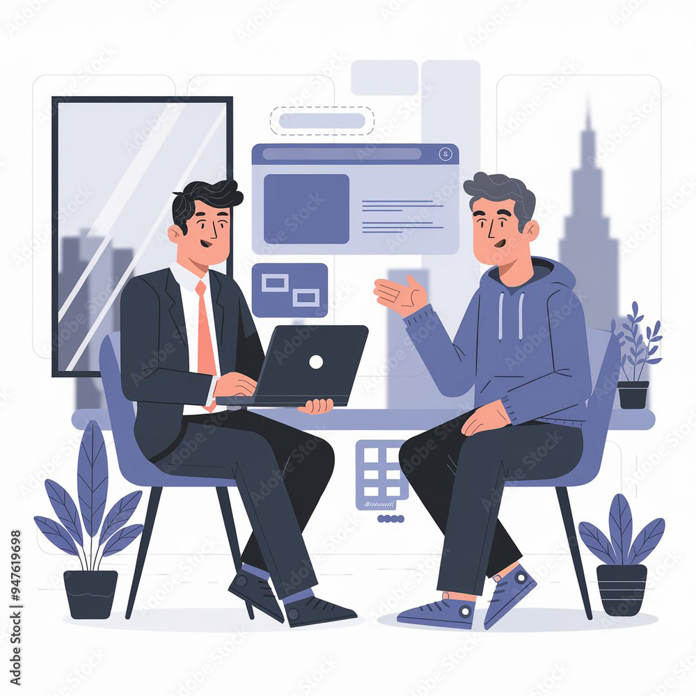 Businessman with laptop and discuss illustration Businessman with laptop and discuss illustration