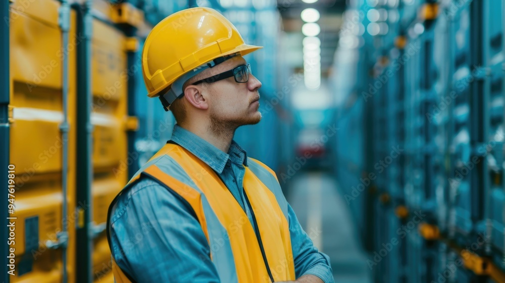 Safety Inspection by Professional Engineer in Cargo Warehouse Distribution Center Checking Equipment and Processes Safety Inspection by Professional Engineer in Cargo Warehouse Distribution Center Checking Equipment and Processes