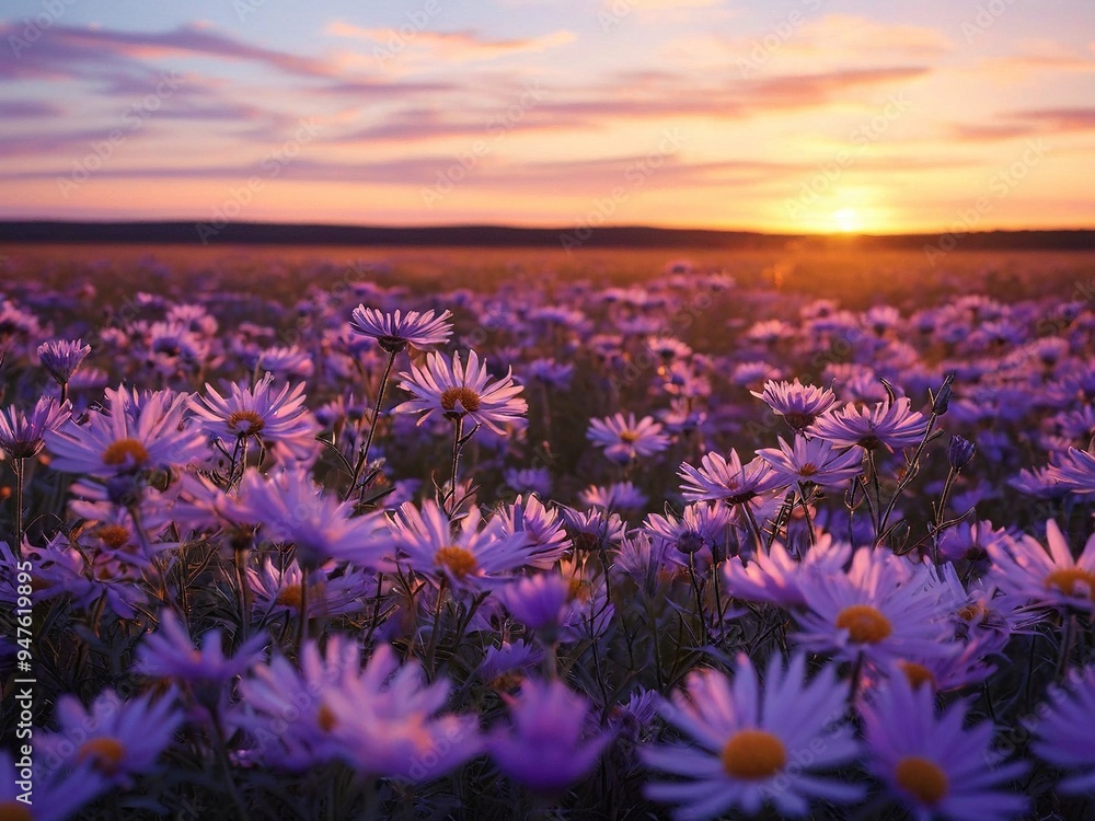 Obraz premium A field of purple wildflowers blooms in the golden light of a sunset.