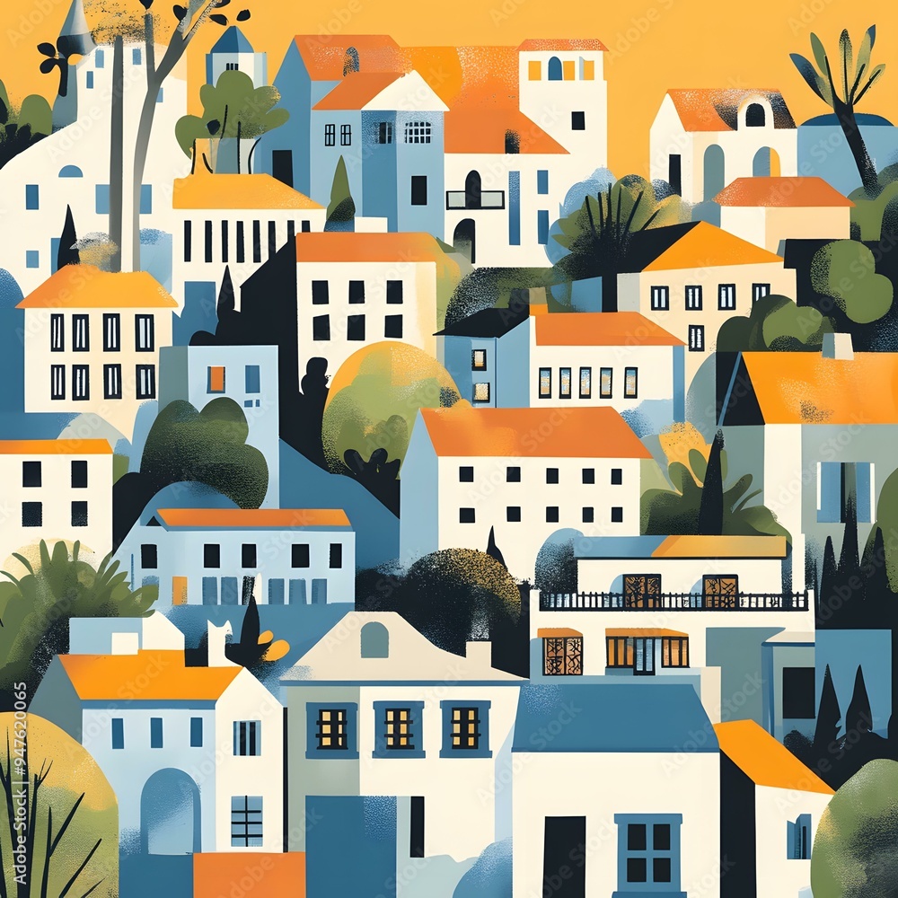 Colorful Illustration of a Cityscape with Buildings and Trees Colorful Illustration of a Cityscape with Buildings and Trees