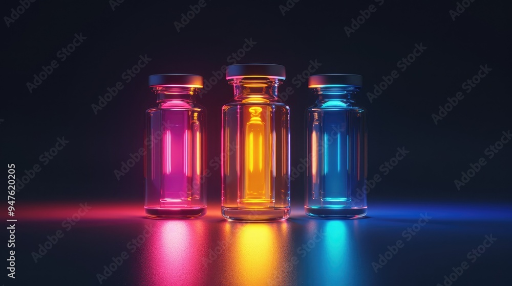 Glowing medical vials on a dark background Glowing medical vials on a dark background