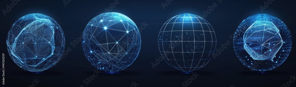 Four Abstract Blue Spheres with Glowing Lines and Dots Four Abstract Blue Spheres with Glowing Lines and Dots