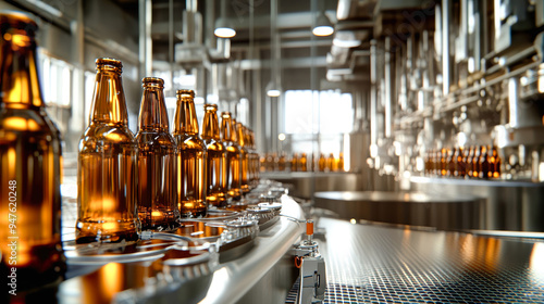 Brown glass bottles are filled and prepared for wrapping in a vibrant brewery, showcasing the intricate beer bottling process with precision and care