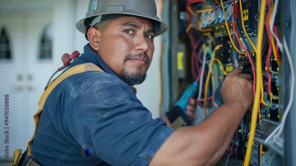 Fototapeta premium Electrician working on electrical panel with wires