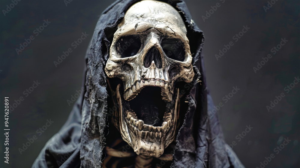 A terrifying grim reaper, cloaked in darkness, screams in fear with an open mouth and wide eyes, creating an eerie atmosphere perfect for Halloween A terrifying grim reaper, cloaked in darkness, screams in fear with an open mouth and wide eyes, creating an eerie atmosphere perfect for Halloween