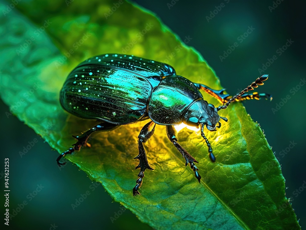 A green beetle with iridescent wings and black dots rests on a green leaf illuminated by a soft yellow light. A green beetle with iridescent wings and black dots rests on a green leaf illuminated by a soft yellow light.