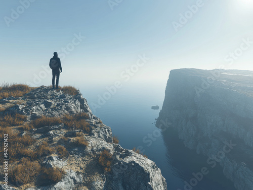 A Solitary Figure Gazes at the Vastness of the Ocean, Embracing the Promise of Freedom and the Thrill of Escape, Standing on a Clifftop with a Breathtaking View of the Horizon