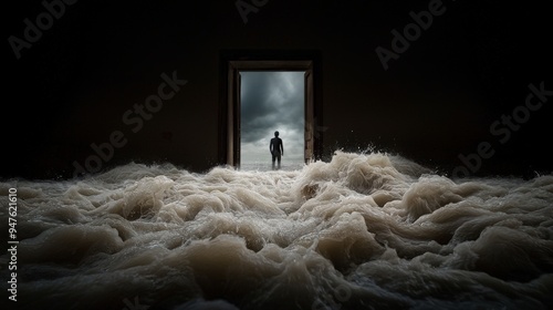 Silhouette of a person standing in a doorway with floodwater rushing in