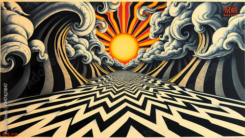 Japanese vintage poster, mind bending distortions, curved organic forms, symmetrical patterns, psychedelic clouds, black and white striped zebra print, chevron sun reflecting onto chevron water abstra