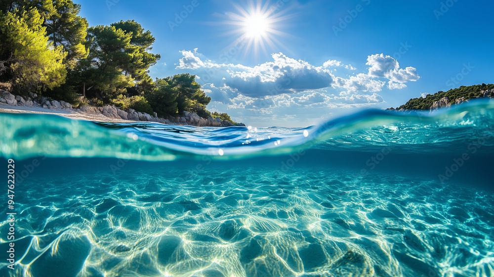 Fototapeta premium Podwodny kadr, pokazujący bezchmurne, słoneczne niebo i krystalicznie czystą wodę morską.