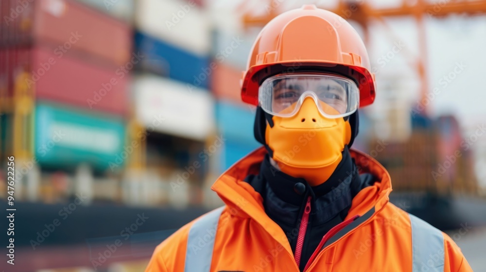 Safety gear including orange helmet goggles and face mask worn by cargo handling staff in an industrial warehouse or logistics environment Safety gear including orange helmet goggles and face mask worn by cargo handling staff in an industrial warehouse or logistics environment