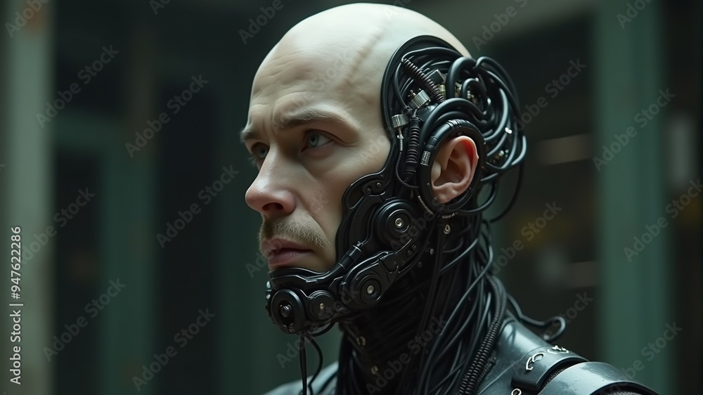 Obraz premium A half-human half-cyborg looks into the distance on a black background