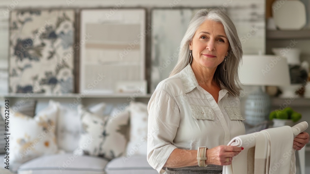 Mature Woman Holding Fabric Samples in a Showroom Mature Woman Holding Fabric Samples in a Showroom