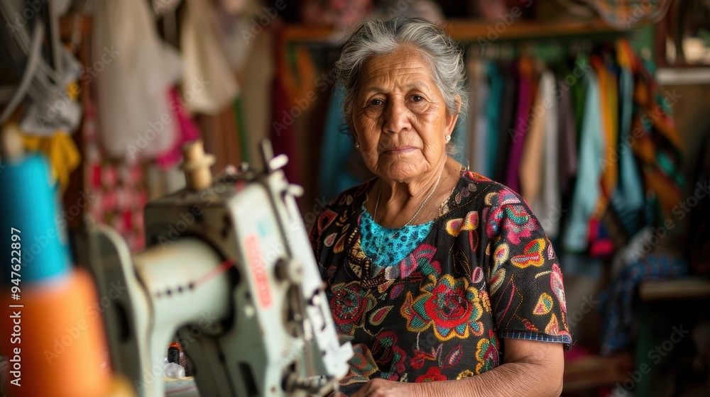 Obraz premium Elderly Woman Operating a Sewing Machine in a Workshop