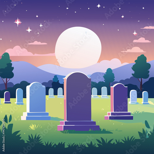 Grave in the cemetery at night. Vector illustration.