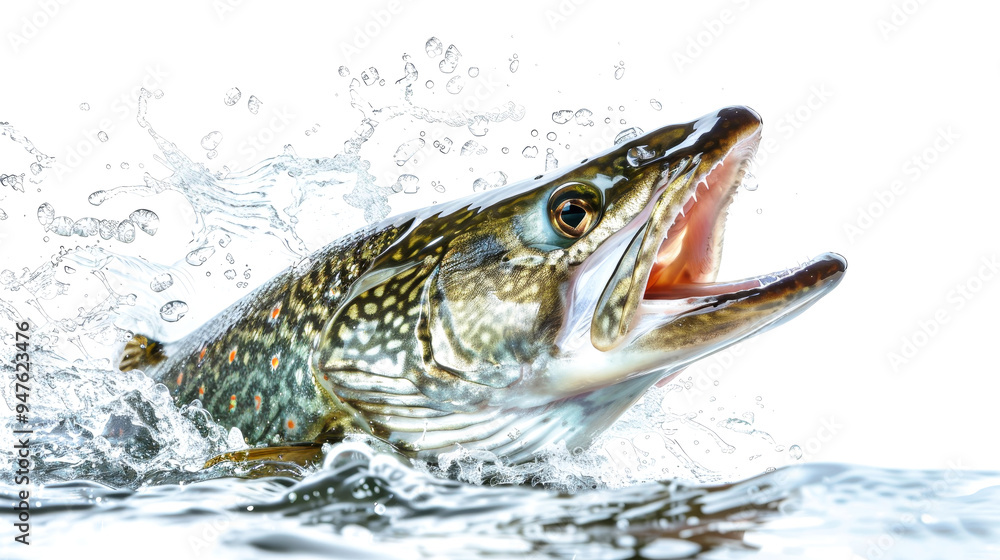 A stunning pike fish bursts from the water, mouth wide open, sending droplets flying in an artistic display of nature's beauty A stunning pike fish bursts from the water, mouth wide open, sending droplets flying in an artistic display of nature's beauty