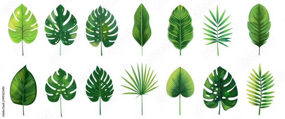 Collection of Green Tropical Leaves with Varying Shapes and Textures Collection of Green Tropical Leaves with Varying Shapes and Textures