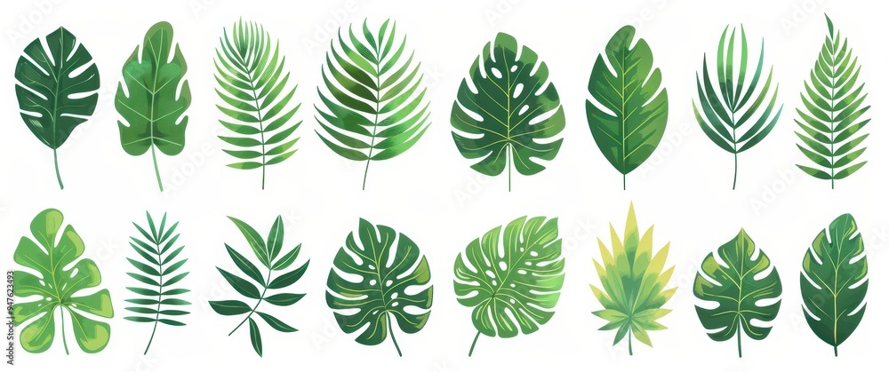 Collection of Green Tropical Leaves on a White Background Collection of Green Tropical Leaves on a White Background