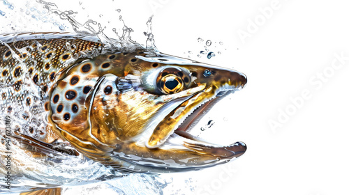 An angry trout bursts out of the water, showcasing vibrant colors and dynamic splashes against a white background