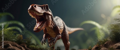 A Tyrannosaurus Rex Dinosaur Roaring in a Forest Setting photo