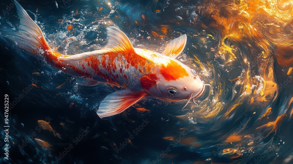 A vibrant koi fish swimming in a dynamic, colorful water scene. A vibrant koi fish swimming in a dynamic, colorful water scene.