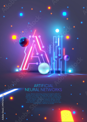 AI logo or icon. Abstract technology conceptual poster with AI neon letters. AI text consist at pcb, neon electronic signals in cyberspace. Artificial intelligence vertical tech background or banner.