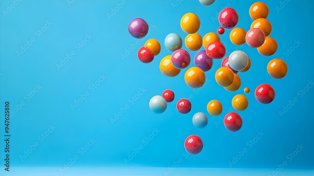 Colorful balls levitation in mid air on blue background Colorful balls levitation in mid air on blue background