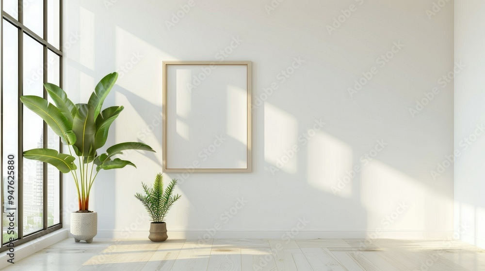Minimalist living room with a blank wall frame and a single plant Minimalist living room with a blank wall frame and a single plant