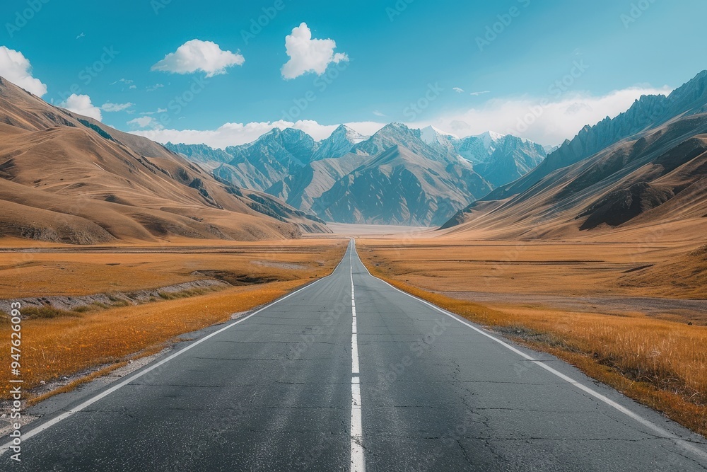 Fototapeta premium A Straight Asphalt Road Leading Through Mountain Valley