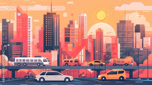 Wallpaper Mural Cityscape with Cars, Bus and People at Sunset Illustration Torontodigital.ca