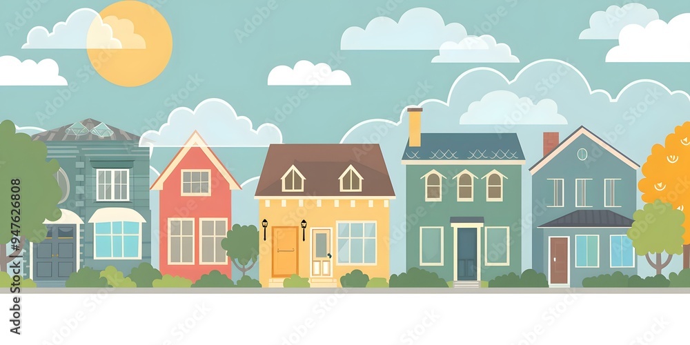 Cartoon Illustration of a Row of Colorful Houses with a Blue Sky and Clouds Cartoon Illustration of a Row of Colorful Houses with a Blue Sky and Clouds