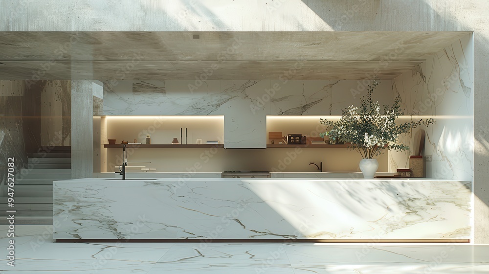 Minimalist Kitchen with Marble Countertops and Sunlight Streaming Through a Window Minimalist Kitchen with Marble Countertops and Sunlight Streaming Through a Window